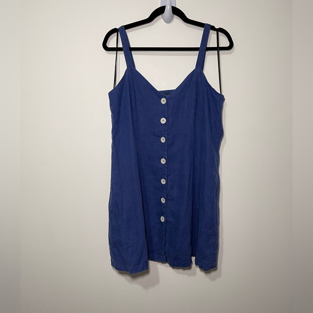 Zara Women’s Navy Blue v neck buttoned 100% linen coastal summer mini dress in L